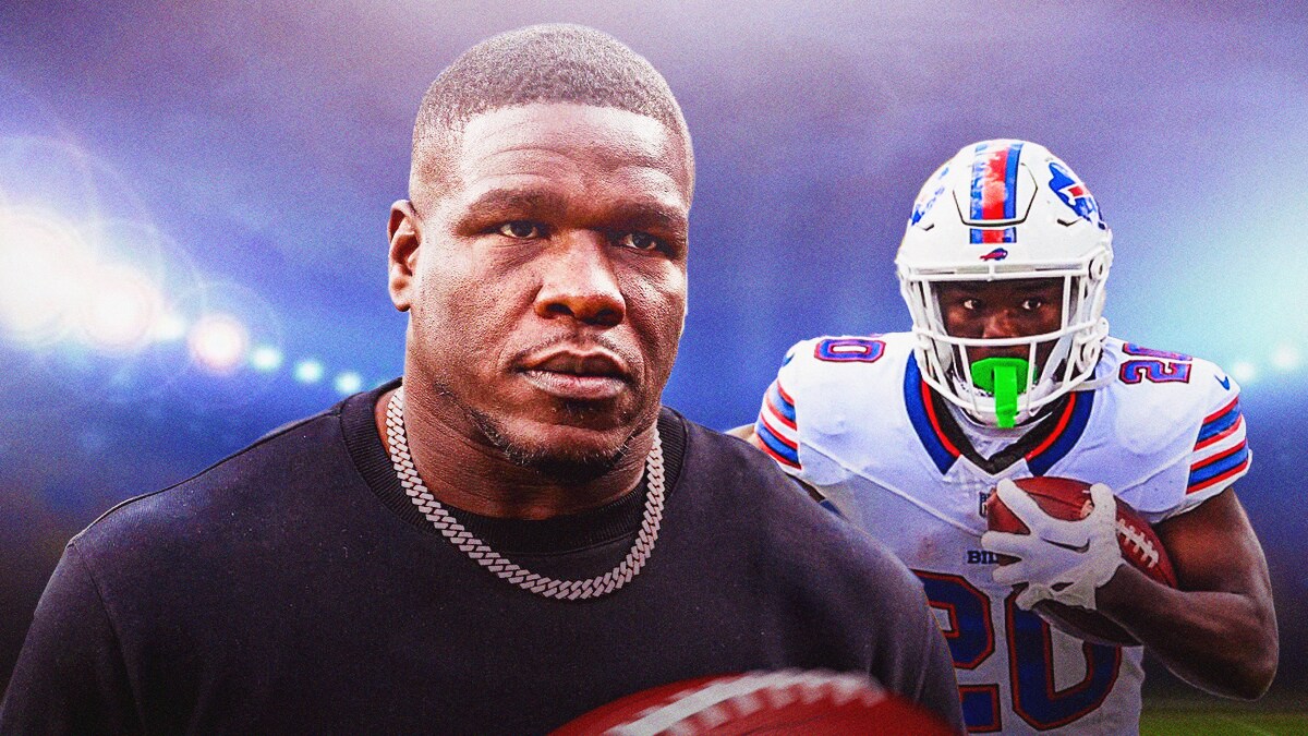 Buffalo Bills star Frank Gore Jr. and Frank Gore in front of Highmark Stadium.