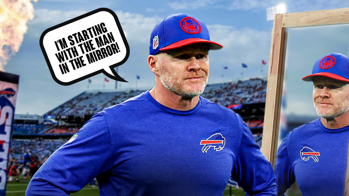 Bills' Sean McDermott looking in the mirror with a text bubble that says "I'm starting with the man in the mirror!"