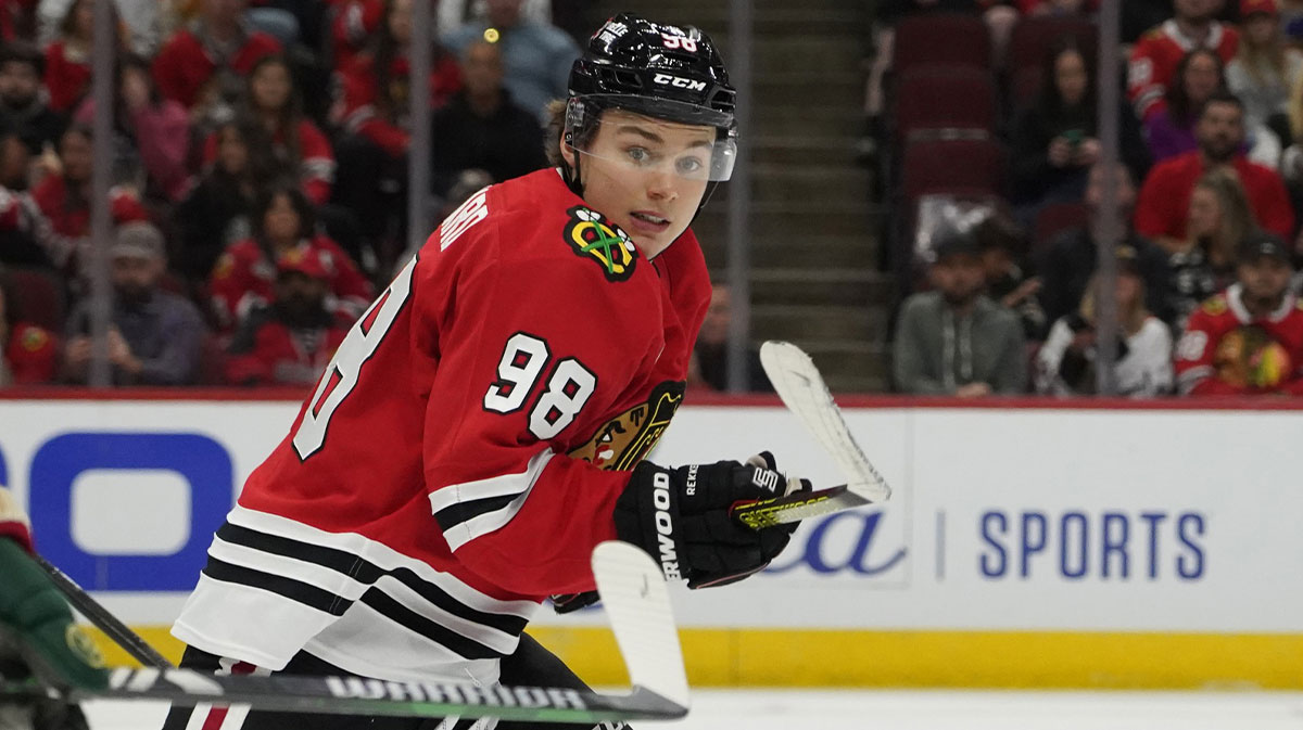 Chicago Blackhawks center Connor Bedard (98) plays against the Minnesota Wild during the third period at United Center.