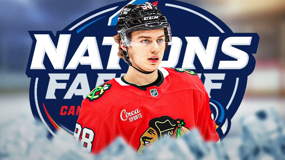 Connor Bedard looking hopeful, 4 Nations Faceoff logo, hockey rink in background