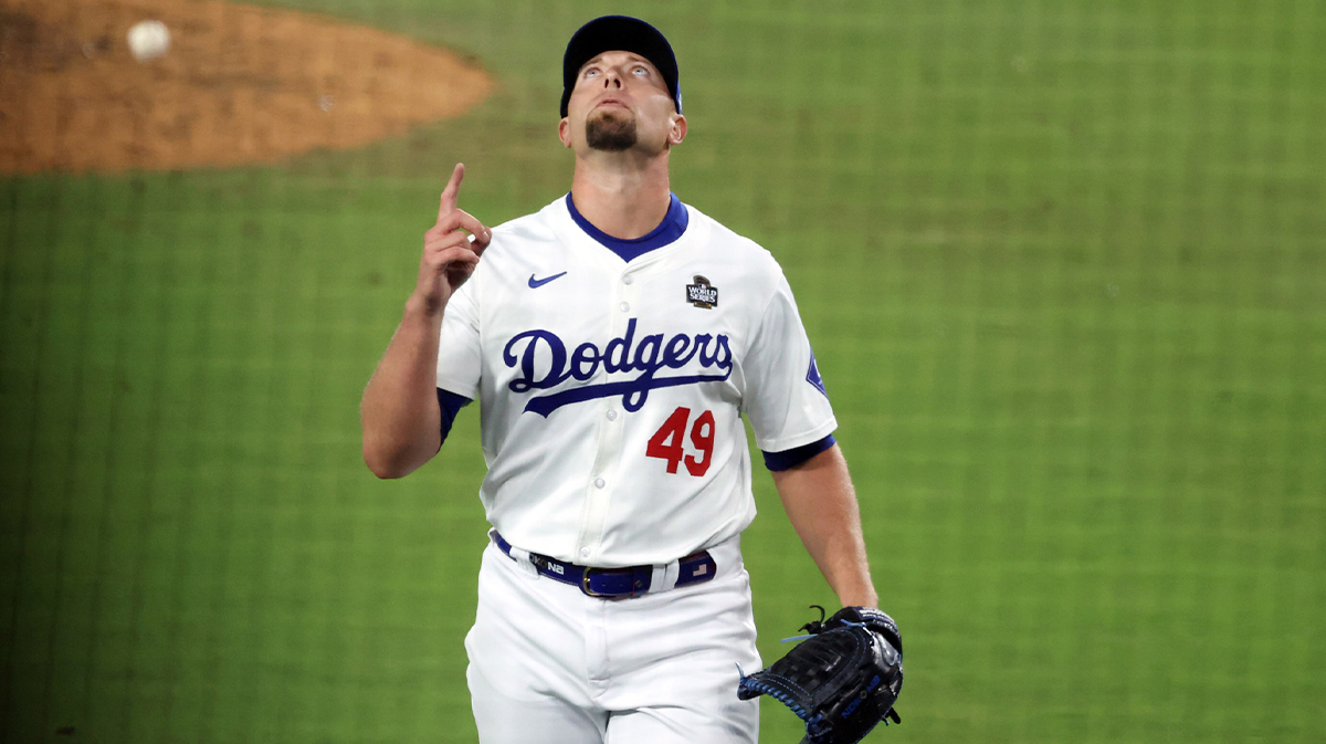 Los Angeles Dodgers pitcher Blake Treinen (49) reacts in the ninth inning against the New York Yankees during Game 1 of the 2024 MLB World Series at Dodger Stadium.