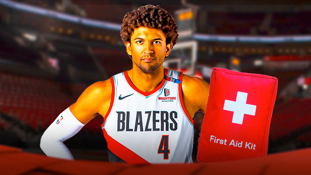 Photo: Matisse Thybulle looking serious in Trail Blazers jersey with medical kit beside him