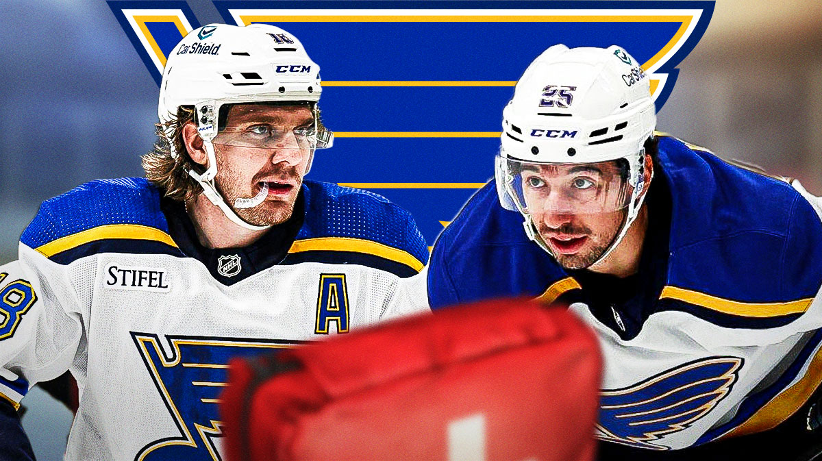 Robert Thomas in image looking stern with first aid kit, Jordan Kyrou also in image looking stern, St. Louis Blues logo in middle, hockey rink in background