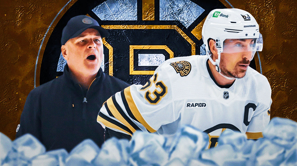 Brad Marchand and Jim Montgomery looking stern, Boston Bruins logo in middle, hockey rink in background