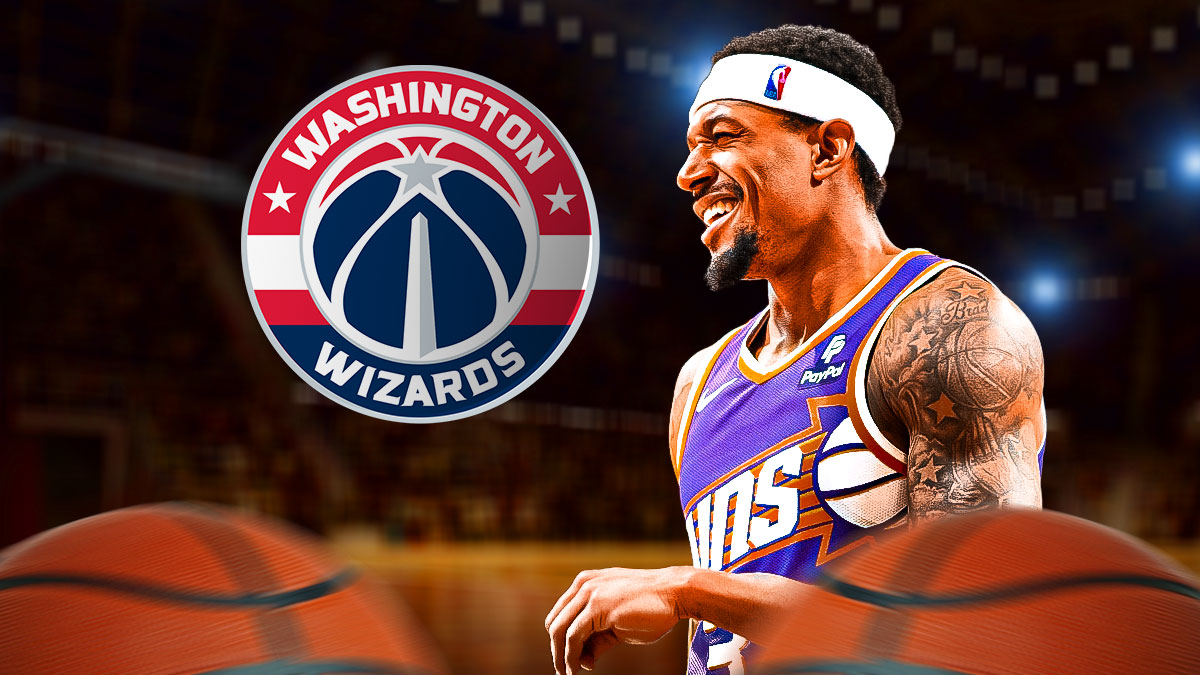 Bradley Beal smiles at Wizards logo in Suns jersey