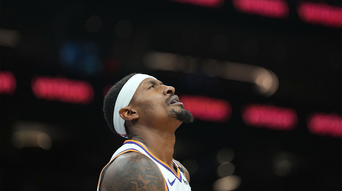 October 17, 2024; Phoenix, Arizona, USA; Phoenix Suns guard Bradley Beal (3) reacts against the Los Angeles Lakers during the second half at Footprint Center. 