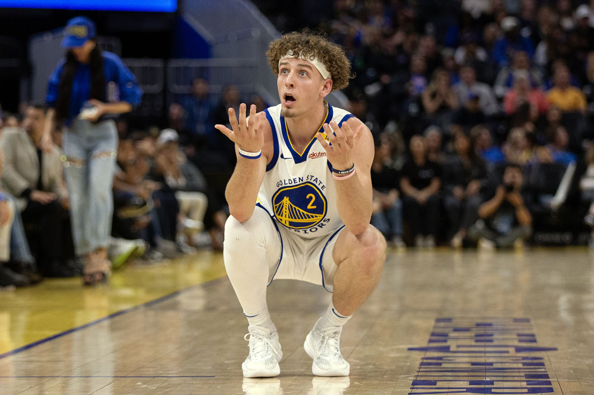 Golden State Warriors guard Brandin Podziemski (2) reacts to a referee’s call during the fourth quarter against the Sacramento Kings at Chase Center. 