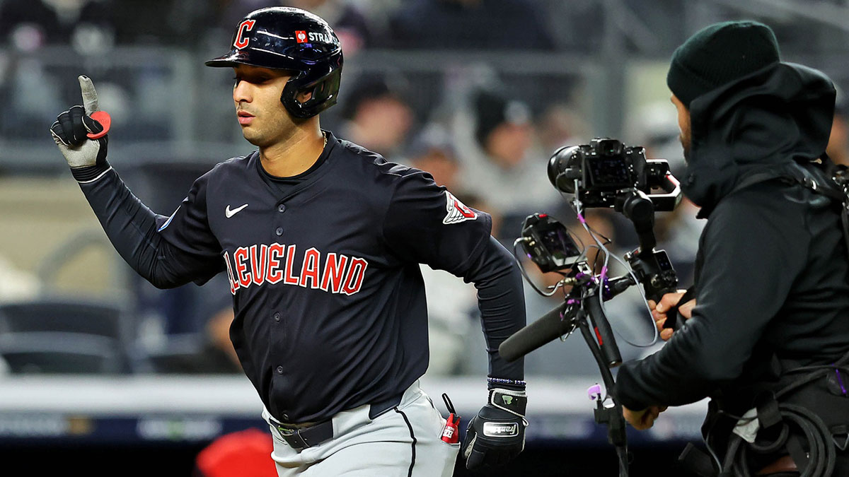 Cleveland Guardians shortstop Brayan Rocchio (4) celebrates after hitting a solo home run during the sixth inning against the New York Yankees in game one of the ALCS for the 2024 MLB Playoffs at Yankee Stadium.