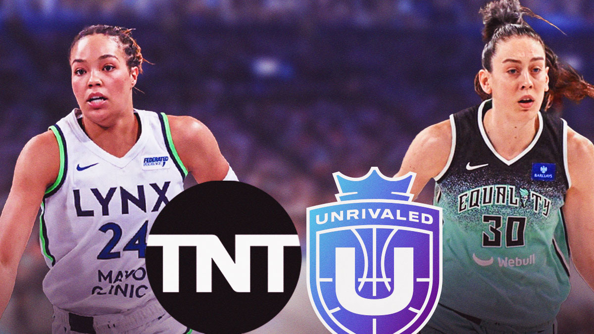 WNBA Minnesota Lynx player Napheesa Collier, New York Liberty player Breanna Stewart, the Unrivaled basketball league logo, and the TNT television network logo