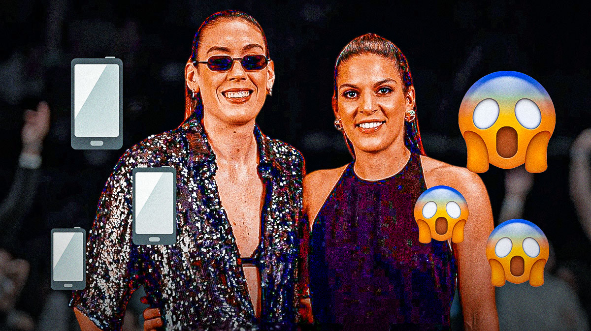 New York Liberty forward Breanna Stewart with her wife, Marta Xargay Casademont with cell phone emojis around them, as well as the shocked emojis around them as well.