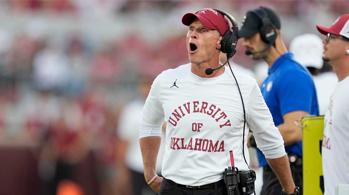 Oklahoma coach Brent Venables shouts during a college football game between the University of Oklahoma Sooners (OU) and the Houston Cougars at Gaylord Family – Oklahoma Memorial Stadium in Norman, Okla., Saturday, Sept. 7, 2024.