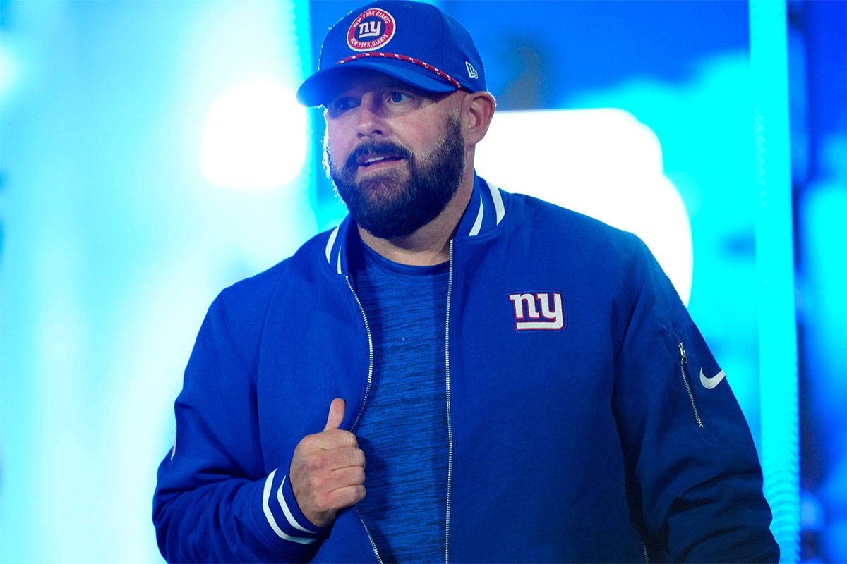 New York Giants Head Coach, Brian Daboll, takes the field just before kickoff, Sunday, October 13, 2024, in East Rutherford.