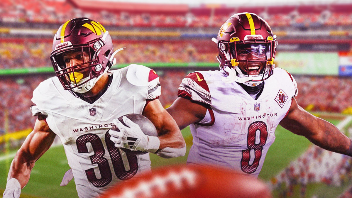 Brian Robinson and Austin Ekeler in Washington Commanders uniforms as both running backs are set to play in Week 5 after injuries, robinson's knee injury and ekeler's concussion.