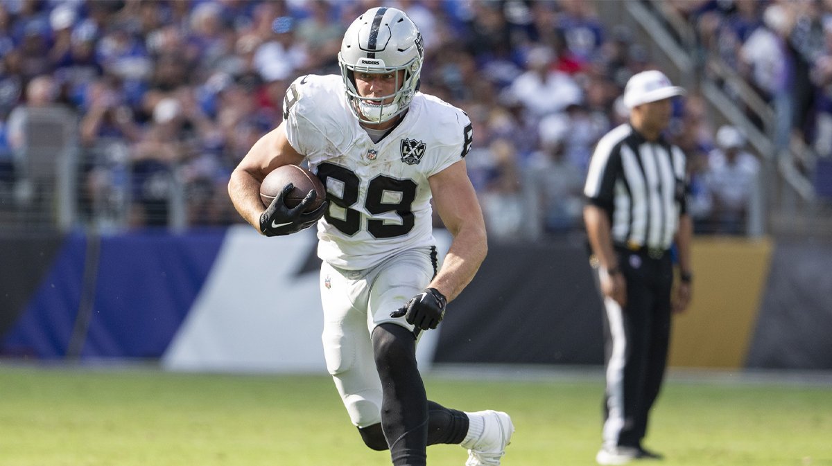 Las Vegas Raiders tight end Brock Bowers (89) runs after as catch during the second half against the Baltimore Ravens at M&T Bank Stadium.