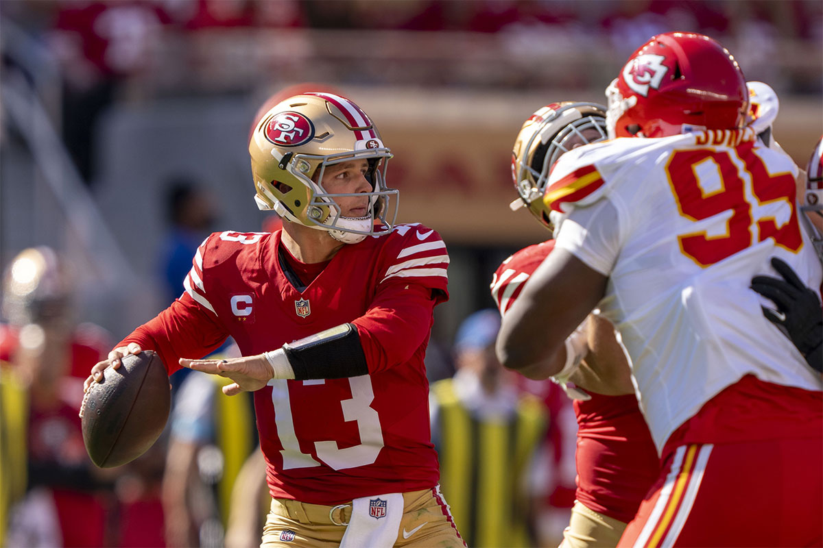 San Francisco 49ers quarterback Brock Purdy (13) passes the football against the Kansas City Chiefs during the second quarter at Levi's Stadium.