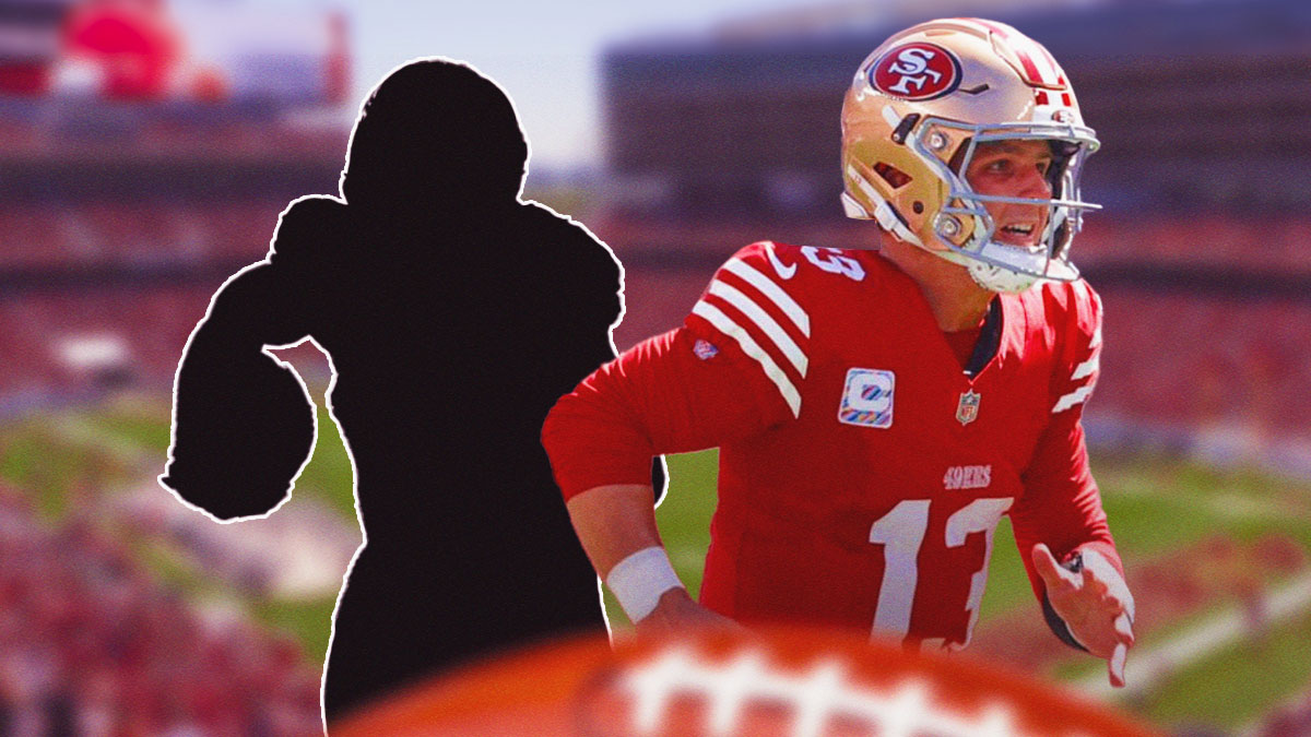 Brock Purdy next to the blacked-out silhouette of Jordan Mason in front of the 49ers stadium.