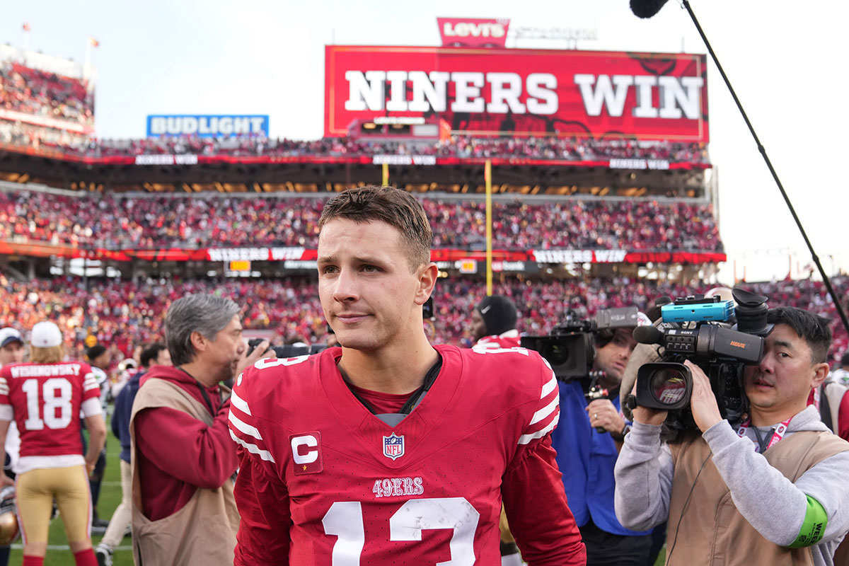 San Francisco 49ers quarterback Brock Purdy (13) walks on the field after defeating the Seattle Seahawks at Levi's Stadium. 