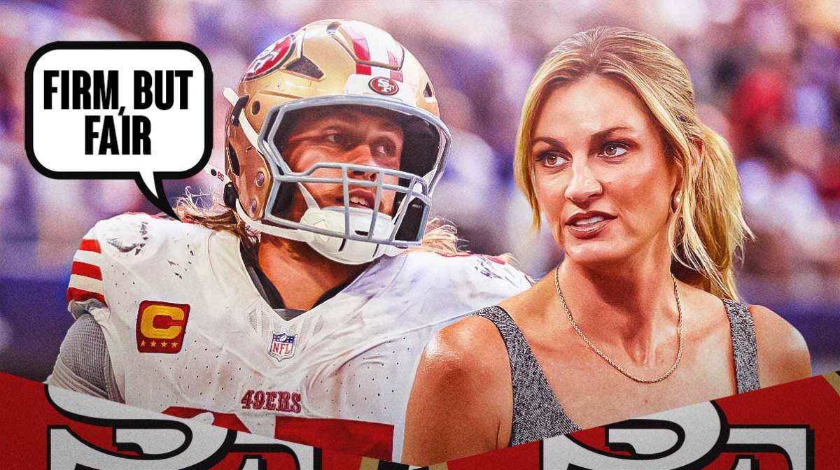 49ers' George Kittle with a talk bubble that says "Firm, But Fair" next to Erin Andrews