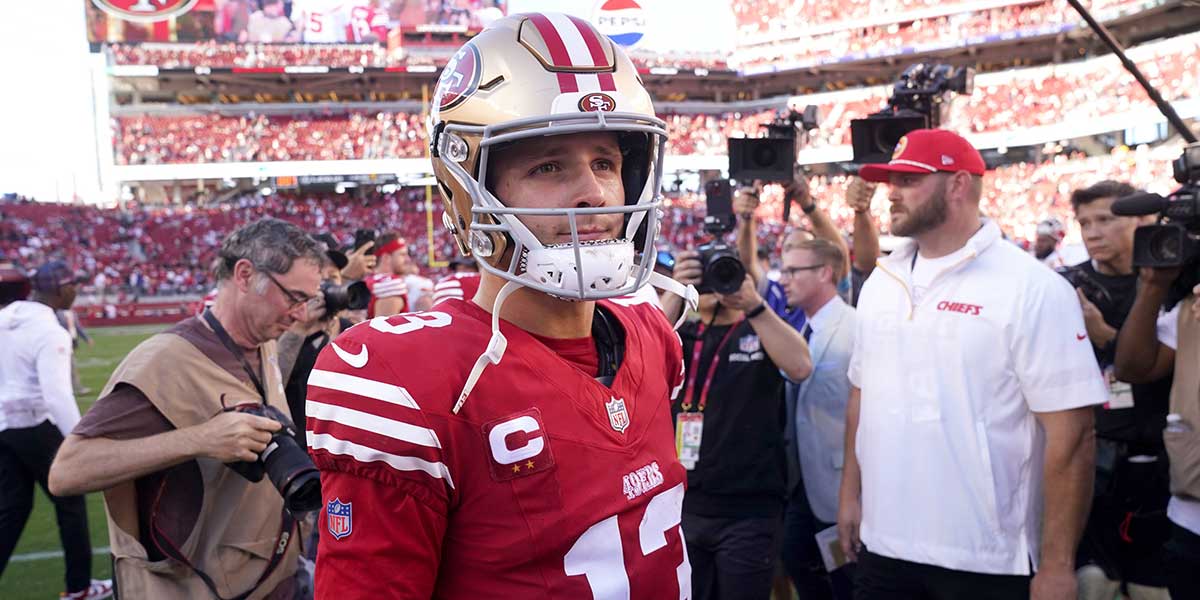 49ers quarterback Brock Purdy (13) stands on the field after the game against the Kansas City Chiefs at Levi's Stadium.