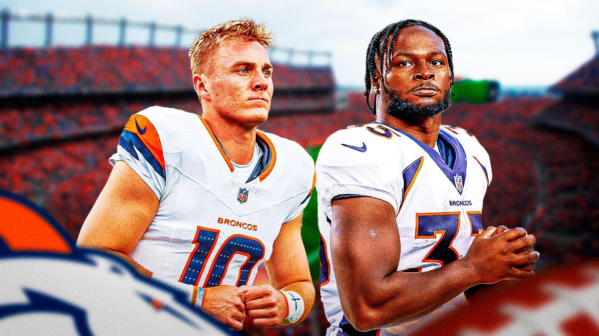 Bo Nix next to Javonte Williams featuring a Broncos-themed bg.