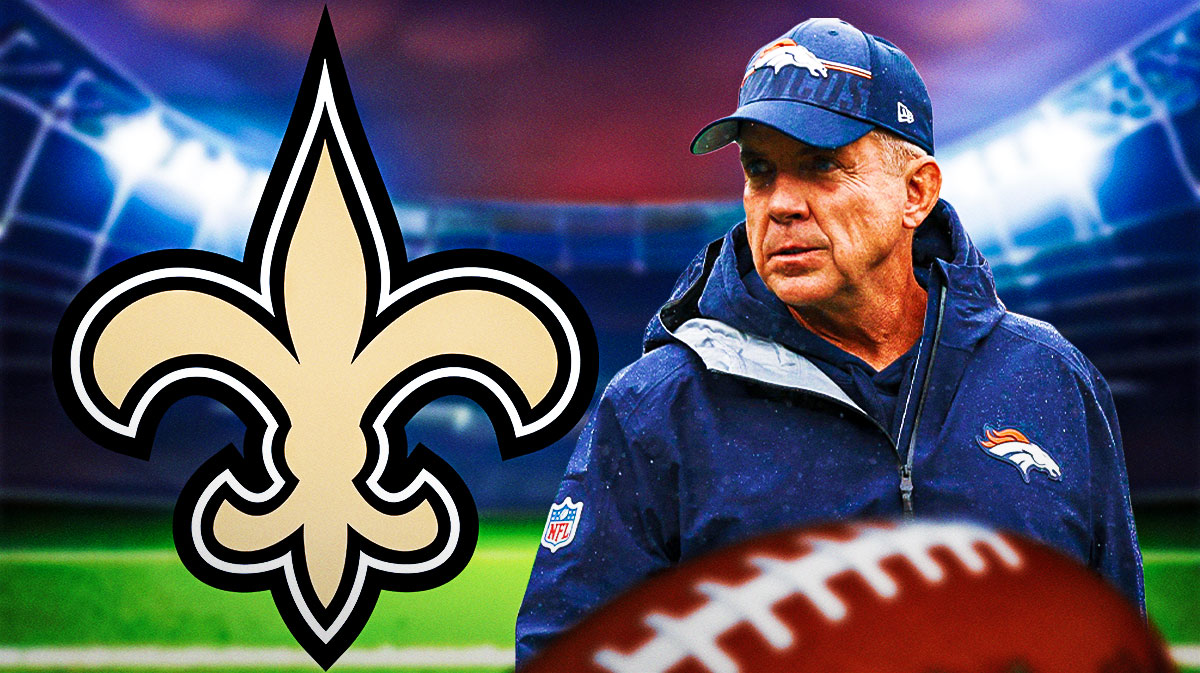 Sean Payton in Broncos gear next to Saints logo.