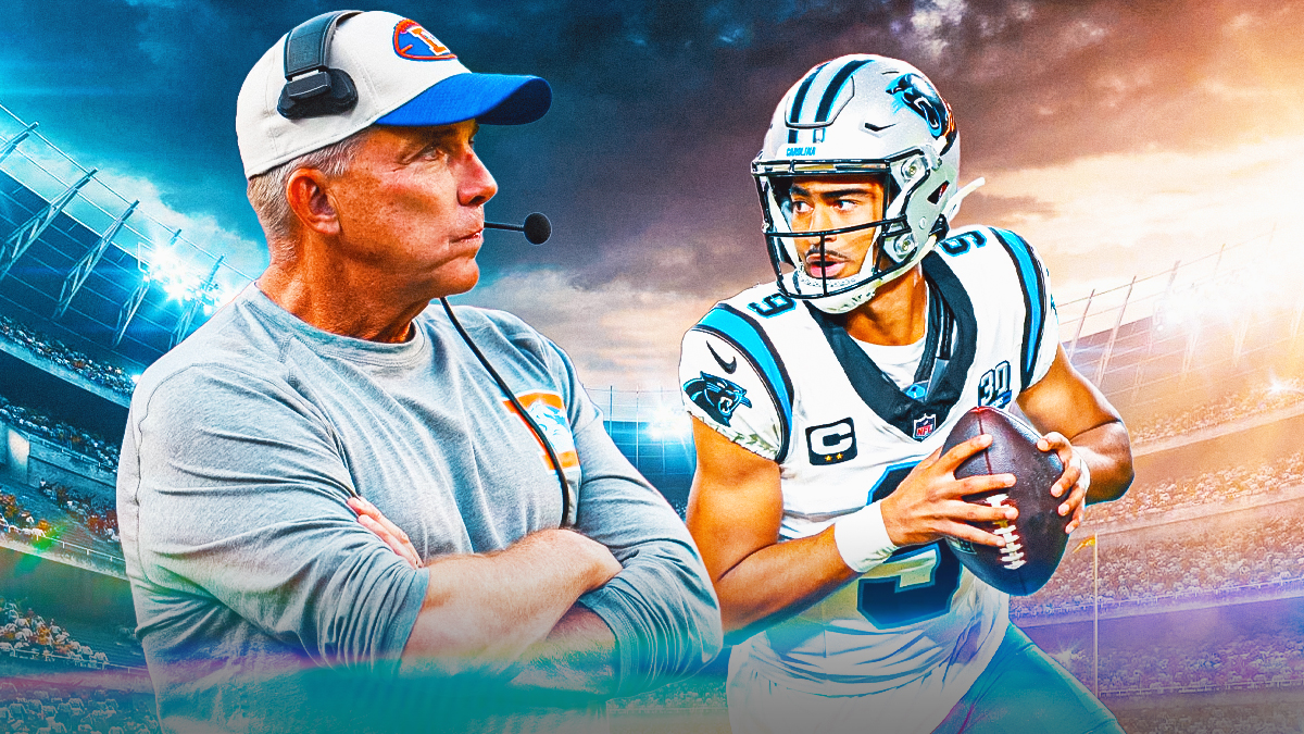 Sean Payton in Broncos gear and Bryce Young in Panthers uniform