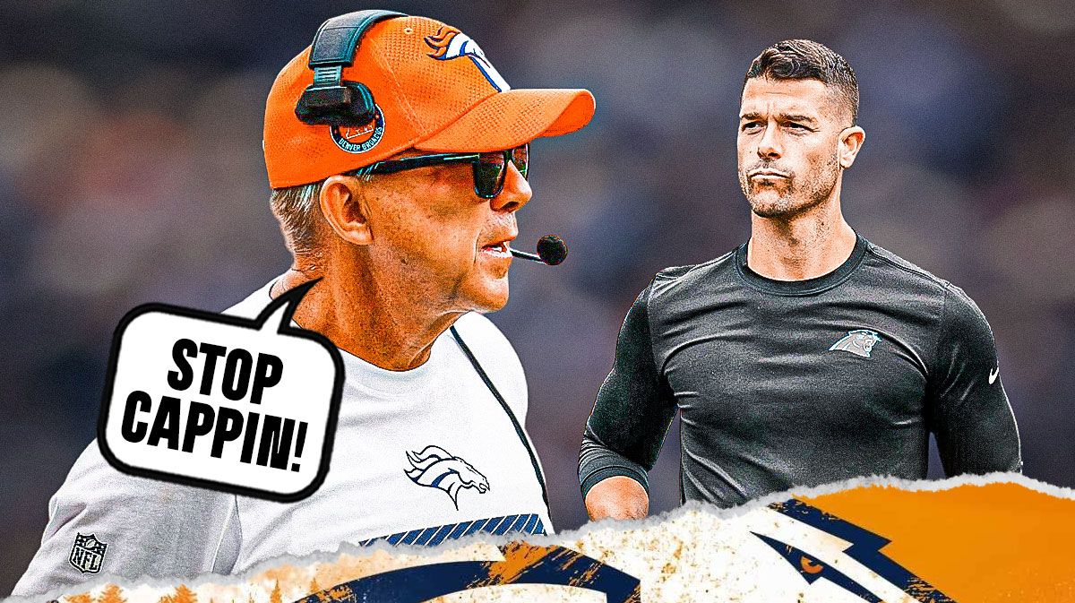 Broncos' Sean Payton with a talk bubble that says STOP CAPPIN! directed at Panthers' Dave Canales