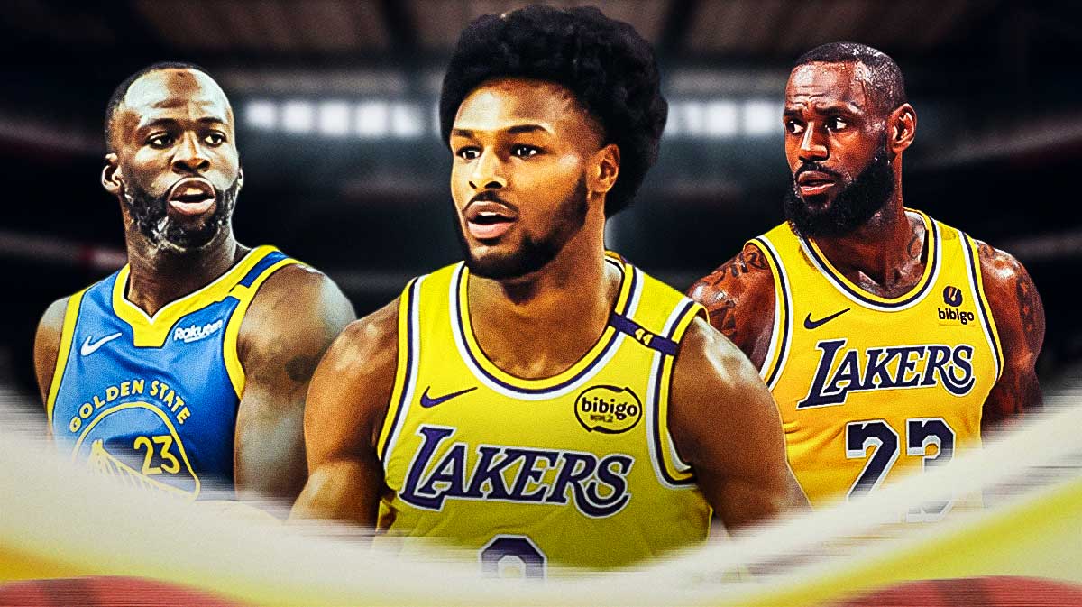 Los Angeles Lakers star Bronny James in the center with Draymond Green and LeBron James on either side in front of Crypto.com Arena.