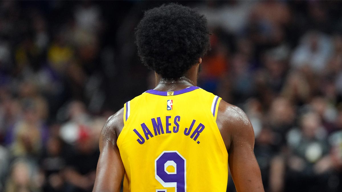 The details of the jersey of Los Angeles Lakers guard Bronny James (9) against the Phoenix Suns during the second half at Footprint Center.