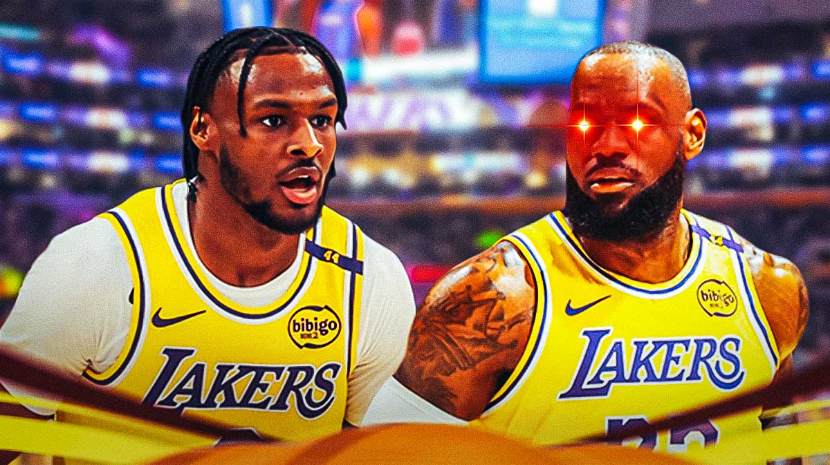 LeBron James looking at Bronny James with laser eyes