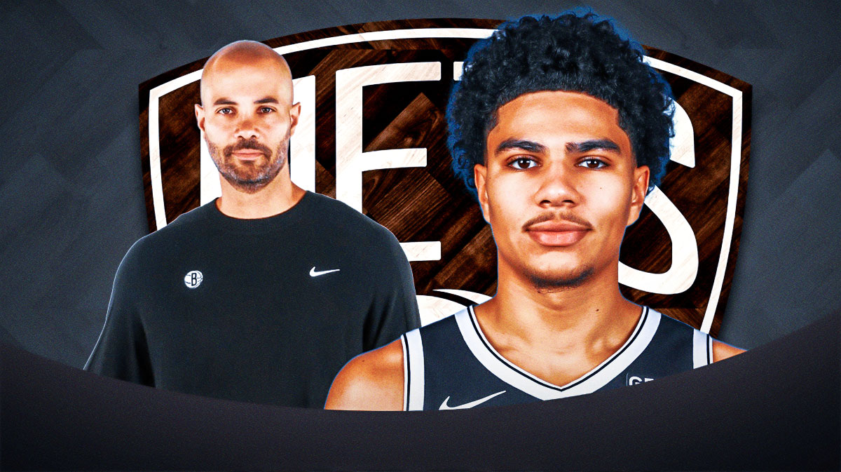 Nets forward Killan Hayes next to the Nets logo and Nets head coach Jordi Fernandez