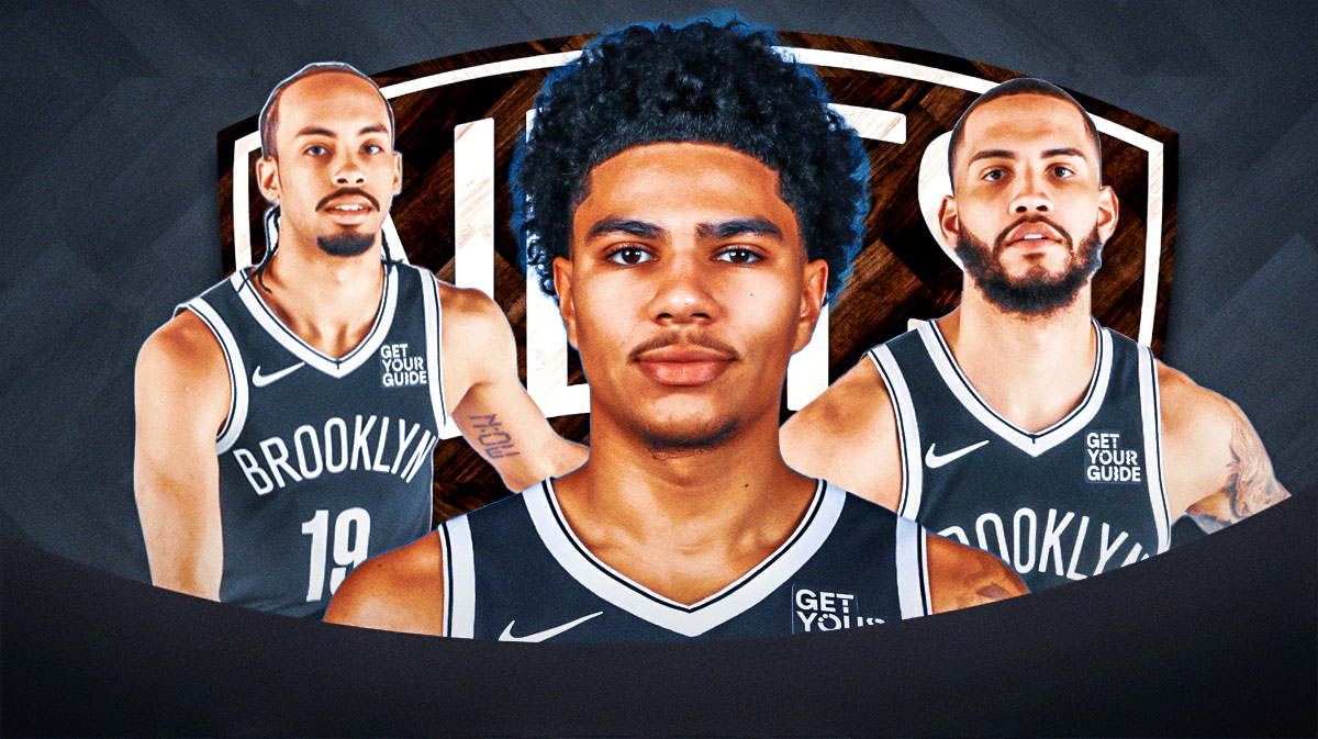 Killian Hayes, Tyrese Martin, and Amari Bailey with Brooklyn Nets and Long Island Nets logos