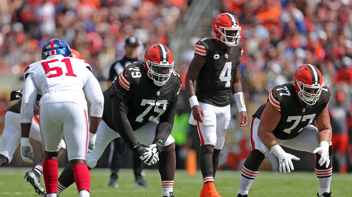 Cleveland Browns offensive tackle Dawand Jones (79) and guard Wyatt Teller (77) wait for the snap during the first half of an NFL football game against the New York Giants at Huntington Bank Field, Sunday, Sept. 22, 2024, in Cleveland, Ohio.