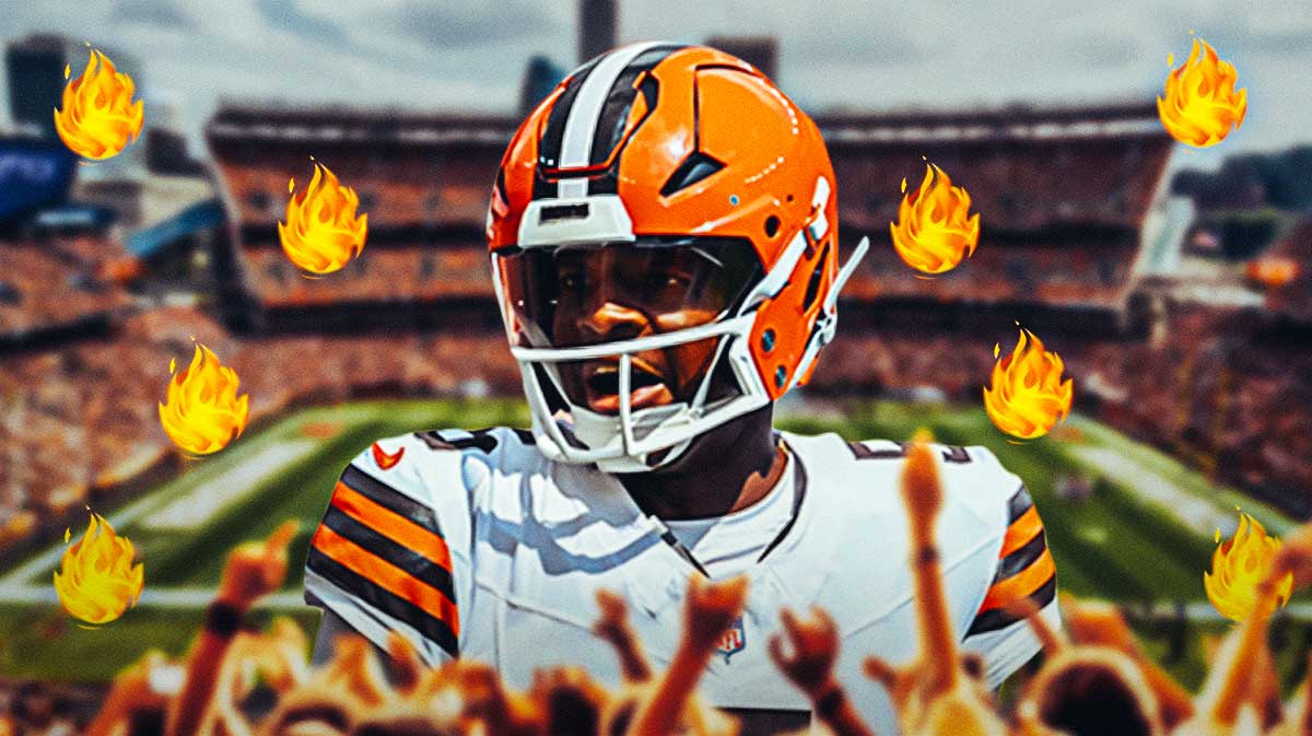 Photo: Jameis Winston yelling in Browns jersey, fire all around him