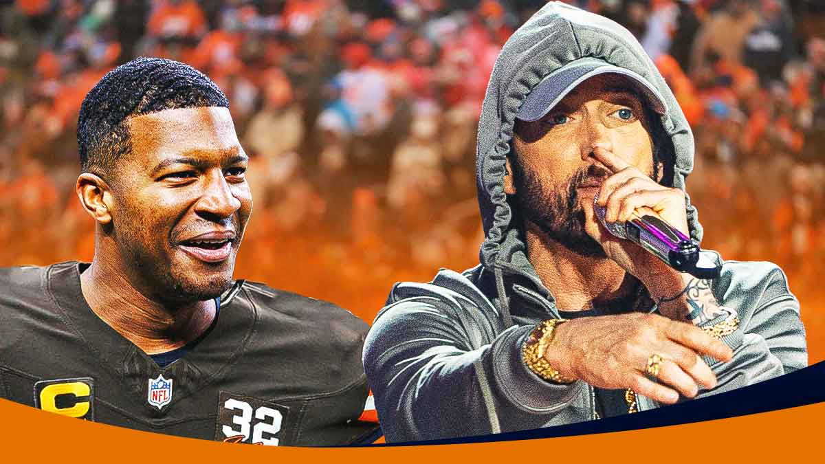Photo: Jameis Winston smiling in Browns jersey looking at Eminem, fire all around Winston
