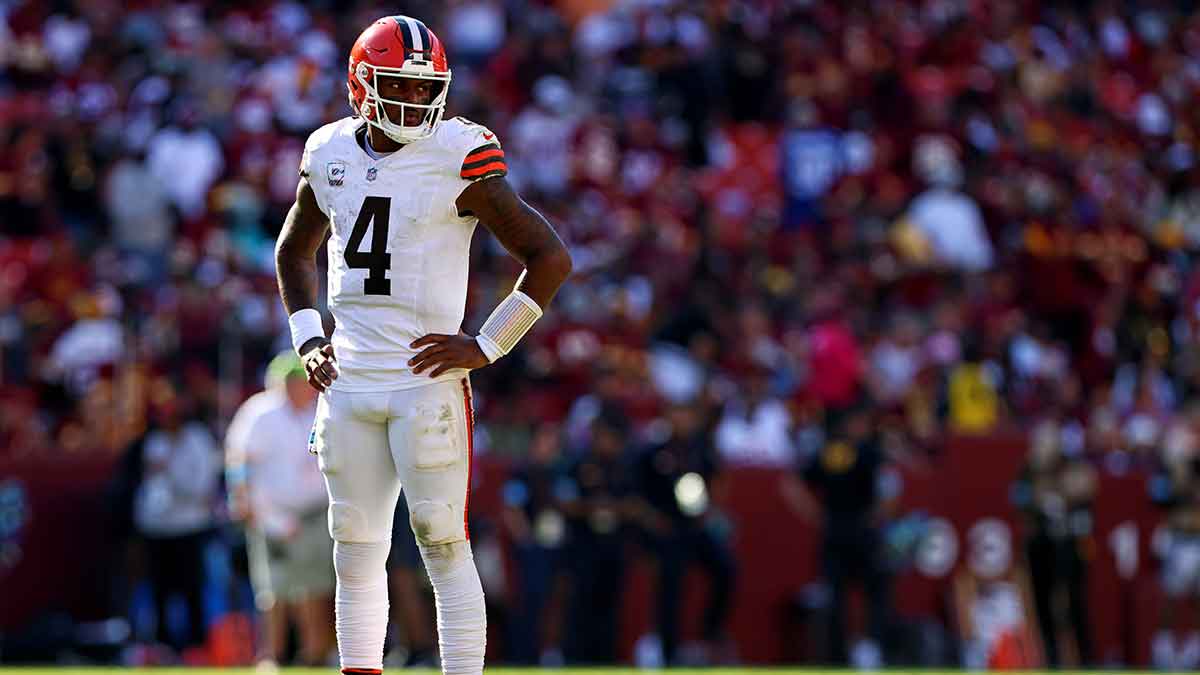 Cleveland Browns quarterback Deshaun Watson (4) waits for a play during the fourth quarter against the Washington Commanders at NorthWest Stadium.