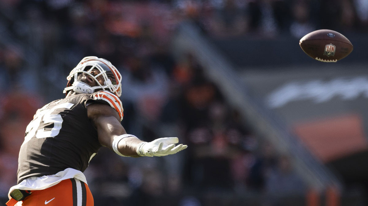 Cleveland Browns defensive end Myles Garrett (95) looks back for a tipped ball against the Baltimore Ravens during the fourth quarter at Huntington Bank Field. 