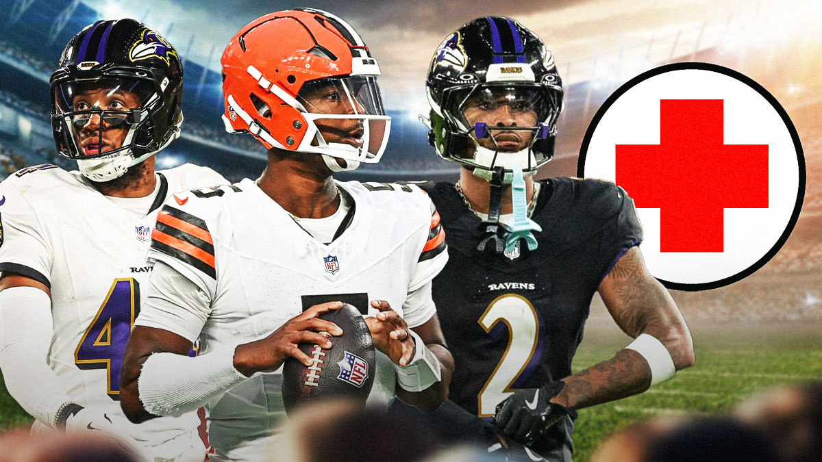 Jameis Winston in a Cleveland Browns uniform in the foreground with Nate Wiggins and Marlon Humphrey in Baltimore Ravens uniforms with a red and white first aid symbol in the background as the Ravens are injured.