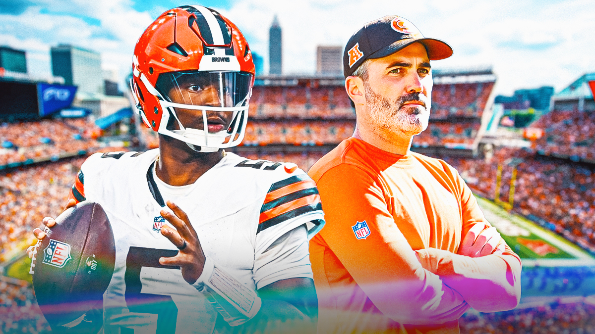 Jameis Winston next to Kevin Stefanski in front of the Browns Stadium