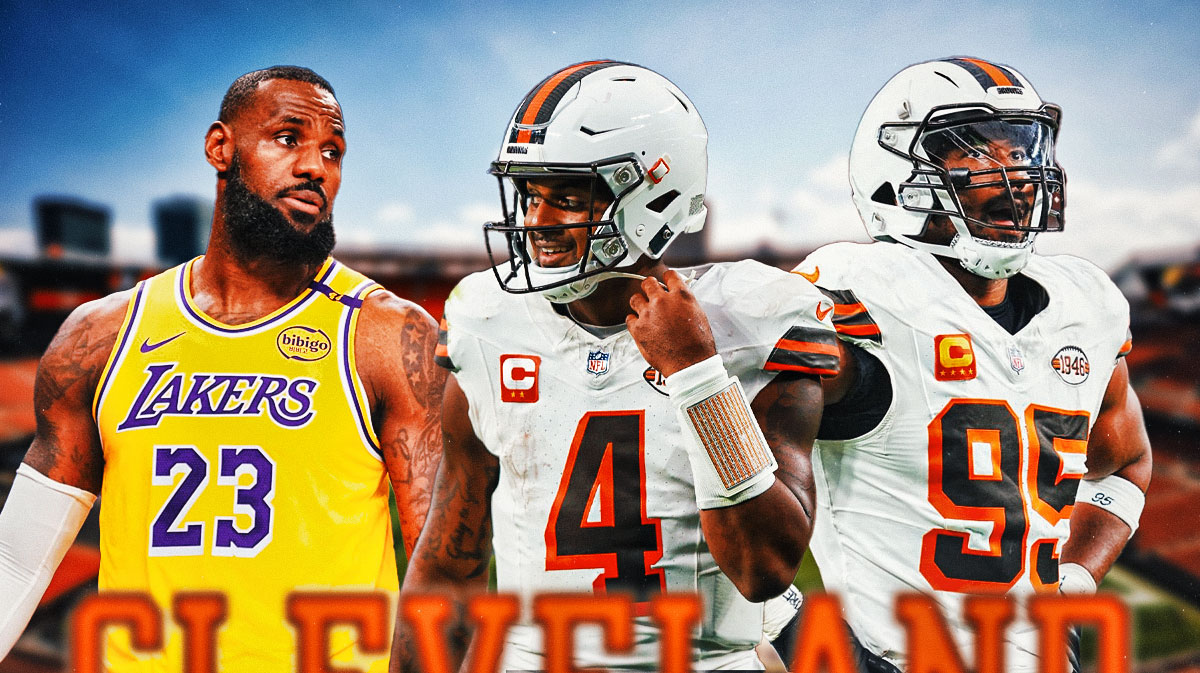 Lakers LeBron James (left), Browns DeShaun Watson (center) and Browns Myles Garrett (right)