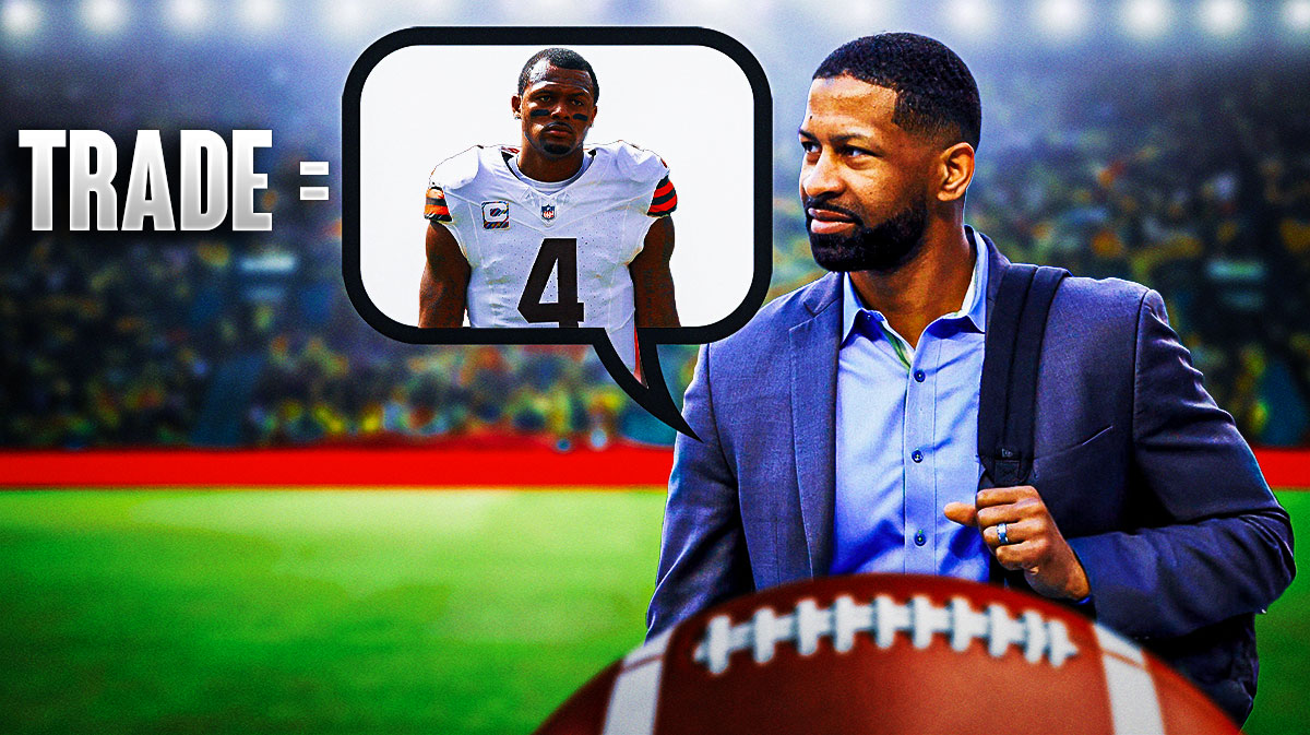 Cleveland Browns general manager Andrew Berry with a thought bubble that has a photo of Browns quarterback Deshaun Watson, and next to that thought bubble is an equal sign, and following the equal sign is the word "trade."