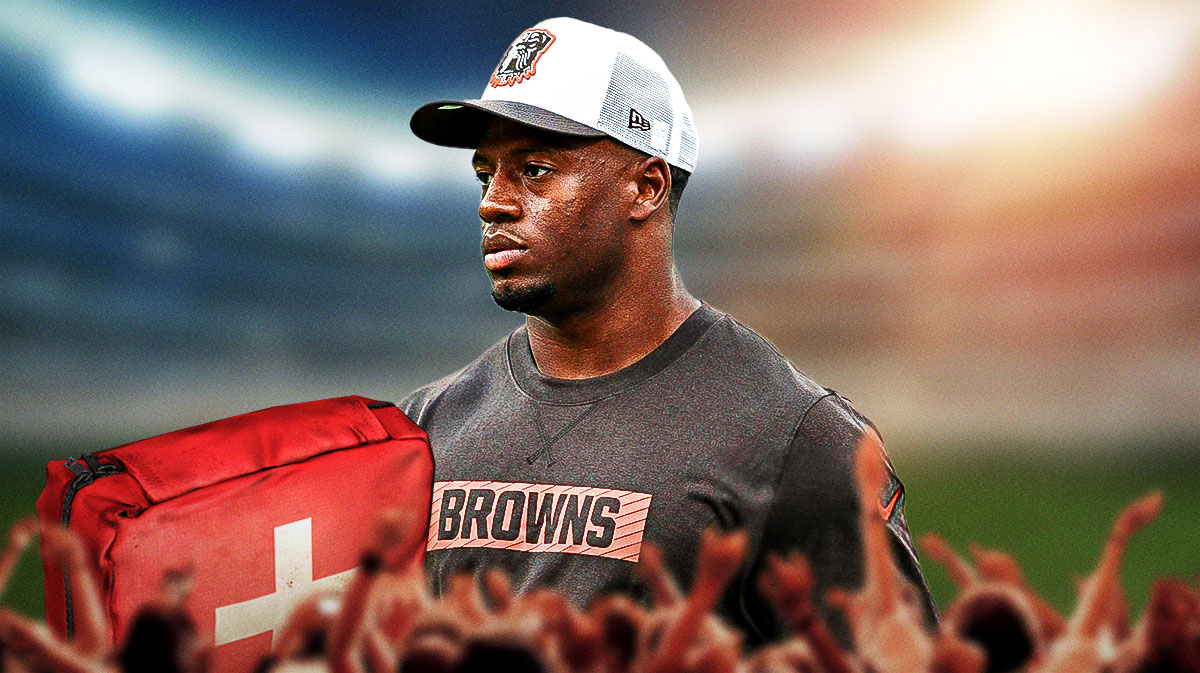 Nick Chubb on one side with an injury kit in front of him, a bunch of Cleveland Browns fans on the other side with the big eyes emoji over their faces