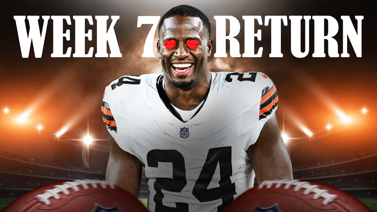 Cleveland Browns running back Nick Chubb with hearts over his eyes, and has a text of Week 7 Return to his left.