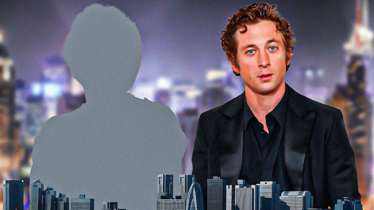 Silhouette of Bruce Springsteen next to Deliver Me from Nowhere biopic star Jeremy Allen White (The Bear) with New Jersey background.