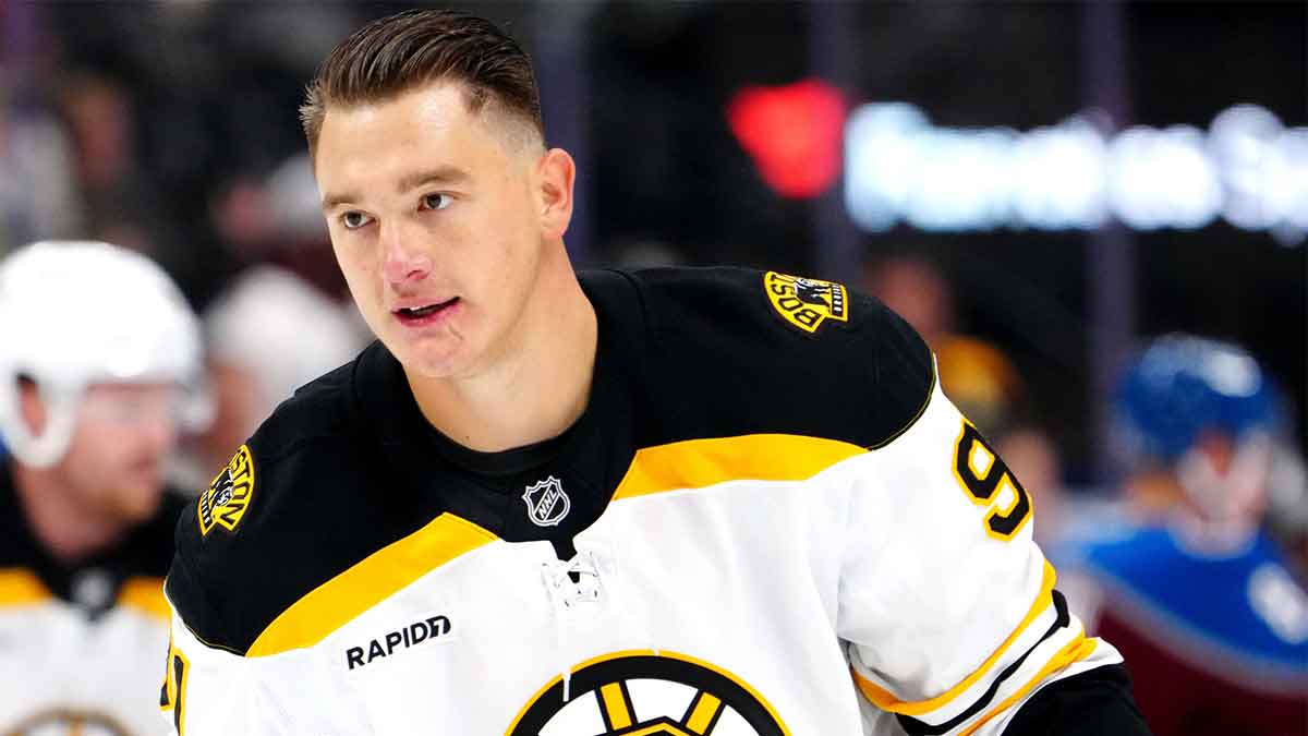 Boston Bruins defenseman Nikita Zadorov (91) before the game against the Colorado Avalanche at Ball Arena.