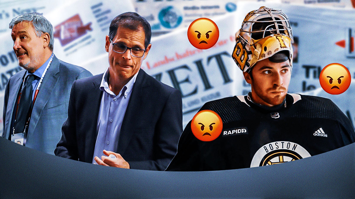 A newspaper as the background, Don Sweeney and Cam Neely on one side, Jeremy Swayman on the other side, a bunch of angry emojis in the background. Jeremy Swayman extension