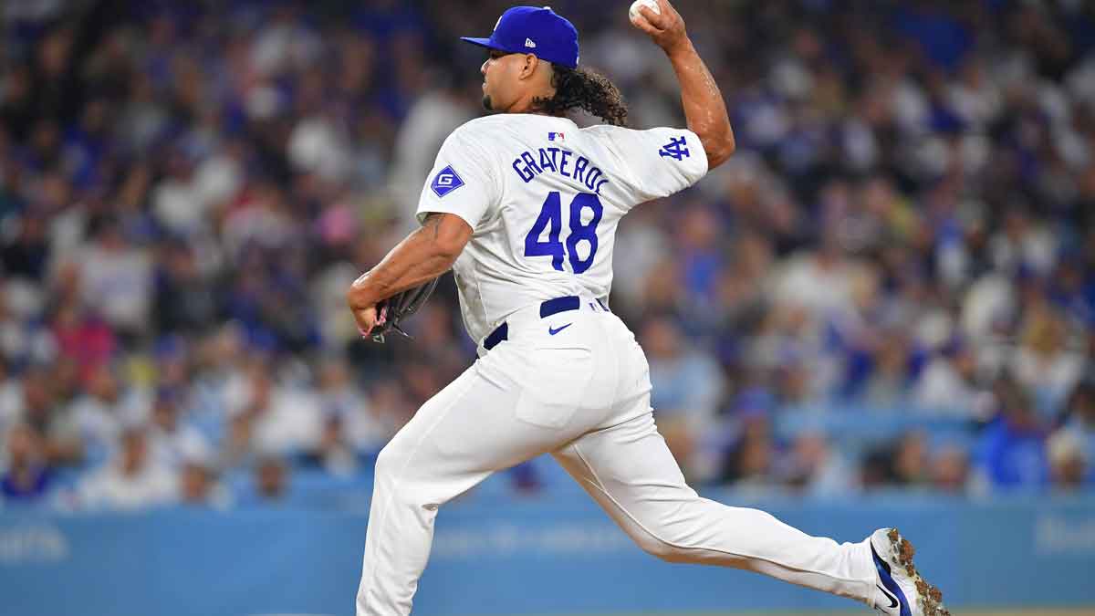 Sep 24, 2024; Los Angeles, California, USA; Los Angeles Dodgers pitcher Brusdar Graterol (48) throws against the San Diego Padres. during the fifth inning at Dodger Stadium.