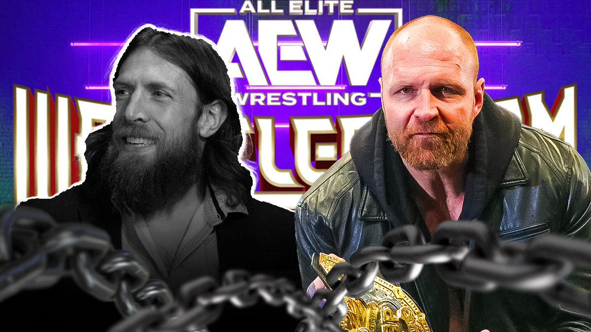 A grayed-out Bryan Danielson next to Jon Moxley in front of the AEW WrestleDream logo.