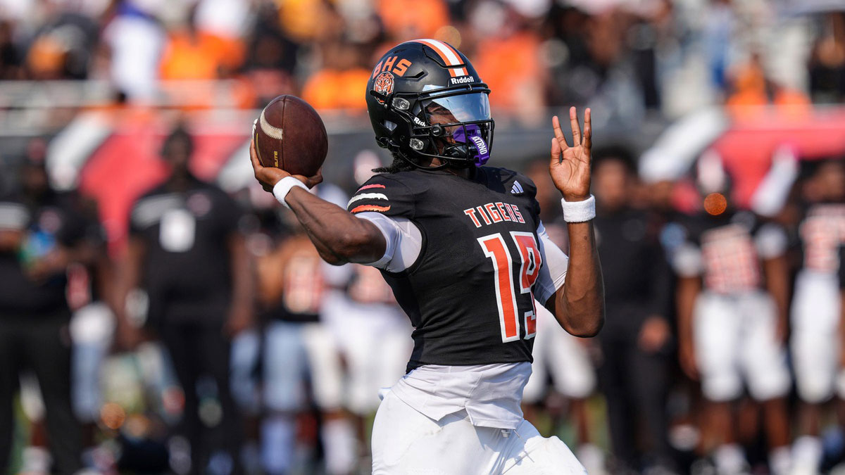 Belleville QB Bryce Underwood throws a pass against Clarkston during the 2024 Xenith Prep Kickoff Classic at Wayne State's Tom Adams Field in Detroit on Friday, Aug. 30, 2024.