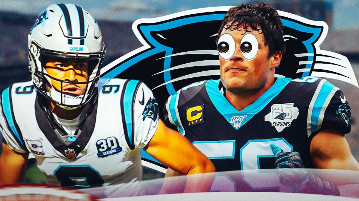 Luke Kuechly with emoji eyes looking at Bryce Young